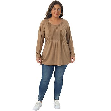 Plus Size Pleated Blouses for Women Crew Neck Long Sleeve Soft Casual T Shirt Tunic