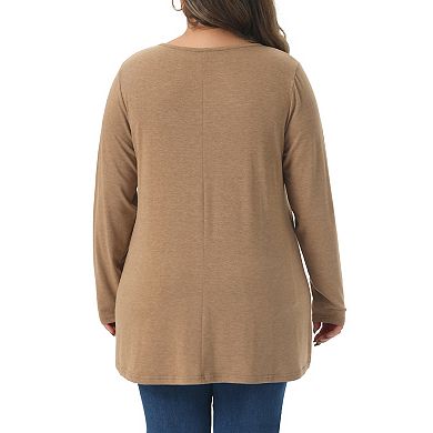 Plus Size Pleated Blouses for Women Crew Neck Long Sleeve Soft Casual T Shirt Tunic