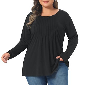 Plus Size Pleated Blouses for Women Crew Neck Long Sleeve Soft Casual T Shirt Tunic