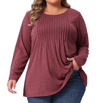 Plus Size Pleated Blouses for Women Crew Neck Long Sleeve Soft Casual T Shirt Tunic