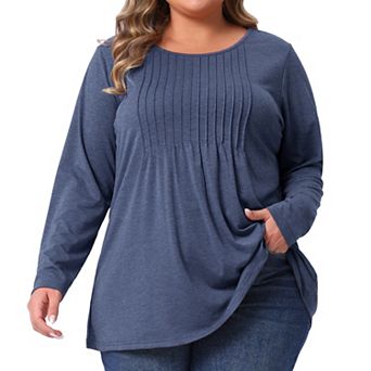 Plus Size Pleated Blouses for Women Crew Neck Long Sleeve Soft Casual T Shirt Tunic