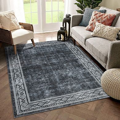 Garvee Bordered Machine Washable Carpet Modern Geometric Chic Border Rug