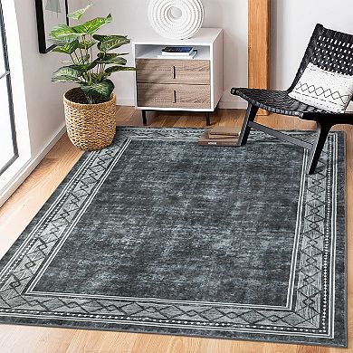 Garvee Bordered Machine Washable Carpet Modern Geometric Chic Border Rug