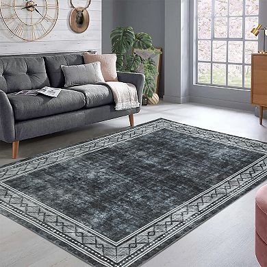 Garvee Bordered Machine Washable Carpet Modern Geometric Chic Border Rug