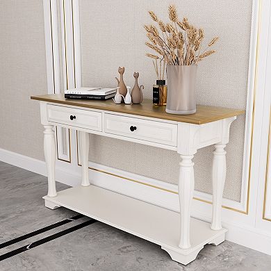 Serwall European-Style Solid Wood Entryway Console Table with 2 Drawers & Bottom Shelf