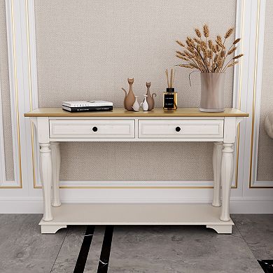 Serwall European-Style Solid Wood Entryway Console Table with 2 Drawers & Bottom Shelf