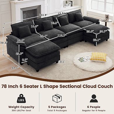 136.6" U-Shaped 6-Seat Chenille Sectional Sofa with Pillow-Top Arms and 2 Ottomans
