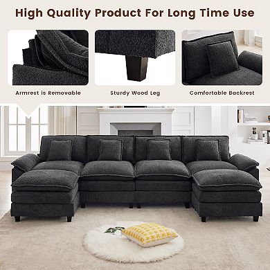 136.6" U-Shaped 6-Seat Chenille Sectional Sofa with Pillow-Top Arms and 2 Ottomans
