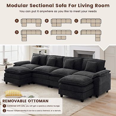 136.6" U-Shaped 6-Seat Chenille Sectional Sofa with Pillow-Top Arms and 2 Ottomans