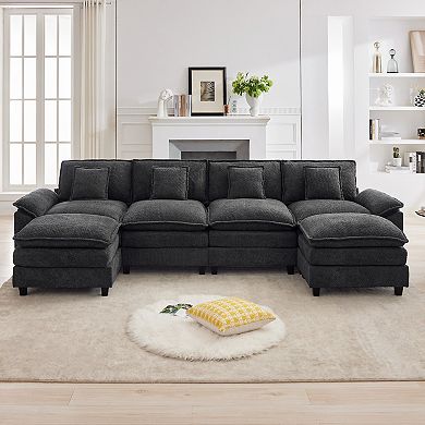 136.6" U-Shaped 6-Seat Chenille Sectional Sofa with Pillow-Top Arms and 2 Ottomans