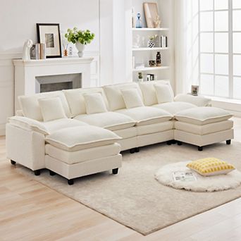 136.6" U-Shaped 6-Seat Chenille Sectional Sofa with Pillow-Top Arms and 2 Ottomans