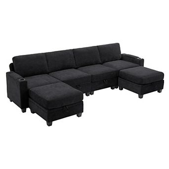 136.6" U-Shaped 6-Seat Chenille Sectional Sofa with Pillow-Top Arms and 2 Ottomans