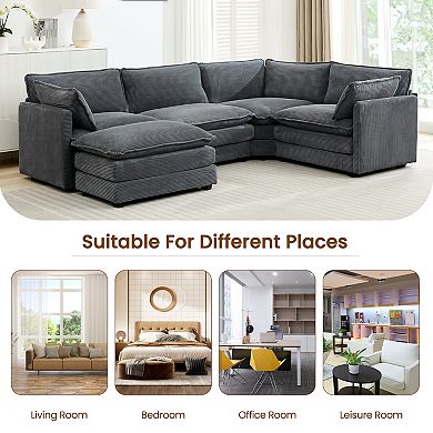5-Seater Corduroy Sectional Sofa with a Removable Ottoman & Corner Seat, Soft & Comfortable