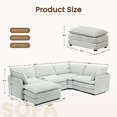 5-Seater Corduroy Sectional Sofa with a Removable Ottoman & Corner Seat, Soft & Comfortable
