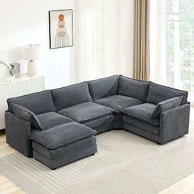 5-Seater Corduroy Sectional Sofa with a Removable Ottoman & Corner Seat, Soft & Comfortable