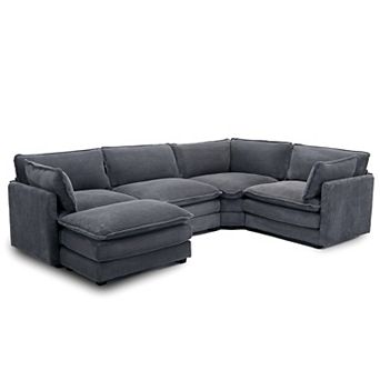 5-Seater Corduroy Sectional Sofa with a Removable Ottoman & Corner Seat, Soft & Comfortable