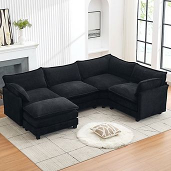 5-Seater Chenille Sectional Sofa with a Removable Ottoman & Corner Seat, Soft & Comfortable