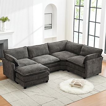 5-Seater Chenille Sectional Sofa with a Removable Ottoman & Corner Seat, Soft & Comfortable