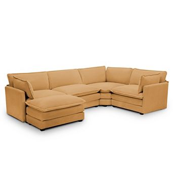 5-Seater Corduroy Sectional Sofa with a Removable Ottoman & Corner Seat, Soft & Comfortable