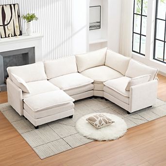 5-Seater Chenille Sectional Sofa with a Removable Ottoman & Corner Seat, Soft & Comfortable