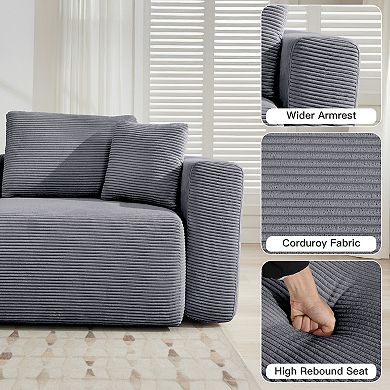 L-shaped Corduroy Sectional Sofa with a Large Ottoman, Square Armas & Ottoman Extension