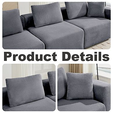 L-shaped Corduroy Sectional Sofa with a Large Ottoman, Square Armas & Ottoman Extension