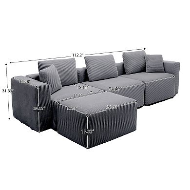L-shaped Corduroy Sectional Sofa with a Large Ottoman, Square Armas & Ottoman Extension