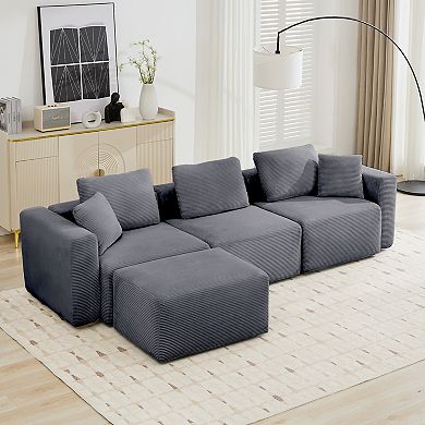 L-shaped Corduroy Sectional Sofa with a Large Ottoman, Square Armas & Ottoman Extension