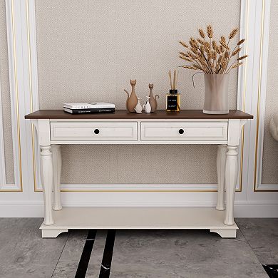Serwall European-Style Solid Wood Entryway Console Table with 2 Drawers & Bottom Shelf