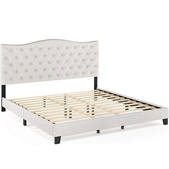 Furinno Lille Button Tufted Bed Frame, Linen, King