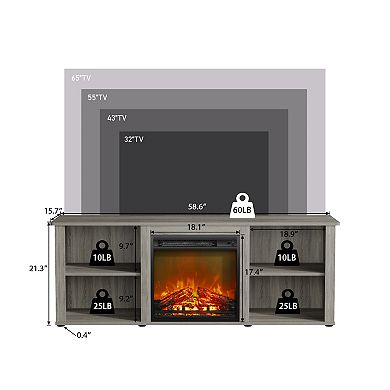 Furinno Classic 60 Inch TV Stand with Fireplace, French Oak Grey
