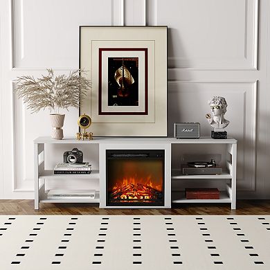 Furinno Classic 70 Inch TV Stand with Fireplace, White Emboss