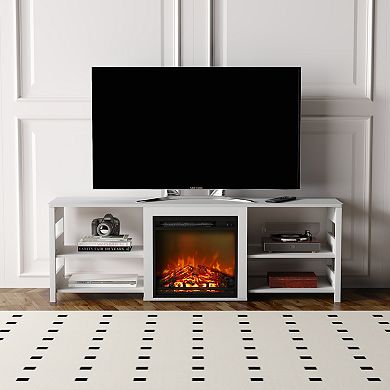 Furinno Classic 70 Inch TV Stand with Fireplace, White Emboss