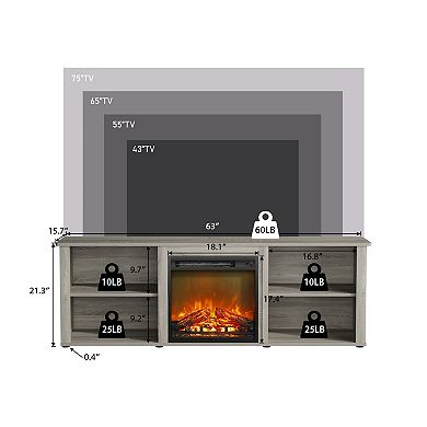 Furinno Classic 70 Inch TV Stand with Fireplace, French Oak Grey