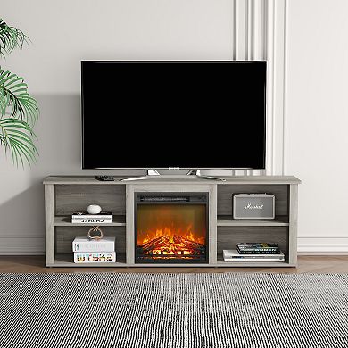 Furinno Classic 70 Inch TV Stand with Fireplace, French Oak Grey