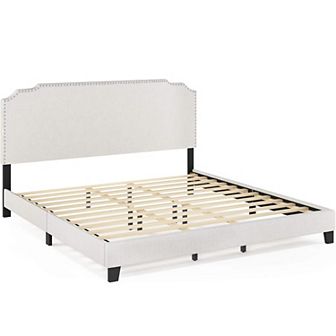 Furinno Nadia Nailhead Trim Bed Frame, Linen, King