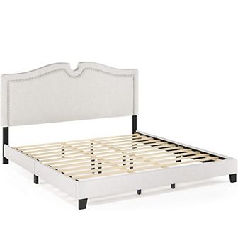 Furinno Davina Nailhead Trim Bed Frame, Linen, King