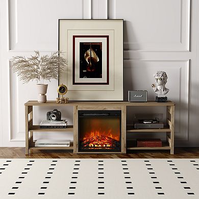 Furinno Classic 70 Inch TV Stand with Fireplace, Flagstaff Oak