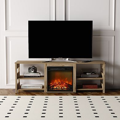 Furinno Classic 70 Inch TV Stand with Fireplace, Flagstaff Oak