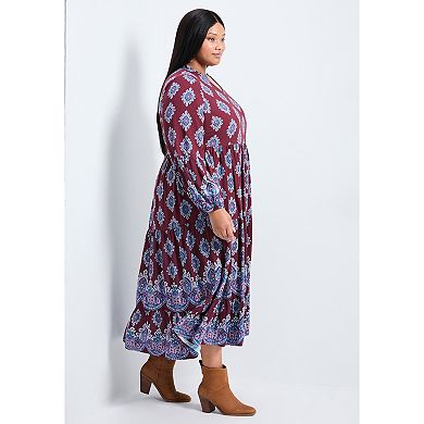 Avenue Women's Plus Size Everlasting Bordered Print Blouson Sleeve Dress