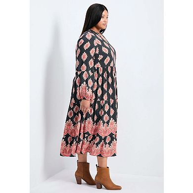 Avenue Women's Plus Size Everlasting Bordered Print Blouson Sleeve Dress