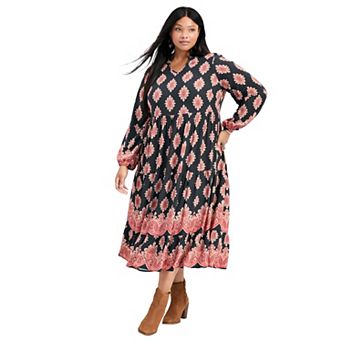 Avenue Women's Plus Size Everlasting Bordered Print Blouson Sleeve Dress
