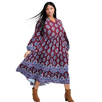Avenue Women's Plus Size Everlasting Bordered Print Blouson Sleeve Dress