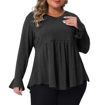 Plus Size Tops for Women V Neck Ruffle Sleeve Dressy Casual Tunic Peplum Blouses