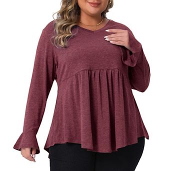 Plus Size Tops for Women V Neck Ruffle Sleeve Dressy Casual Tunic Peplum Blouses