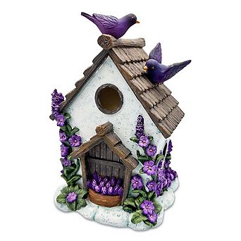 Lovely Floral Lavender Bird House Figurine, 7" Novelty Cottage Garden Decor