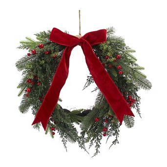 St. Nicholas Square® Red Berry & Red Velvet Bow Wreath