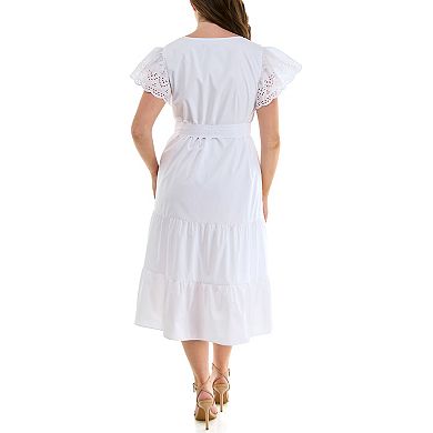 Women's Nicole Miller Eyelet Flutter Sleeve Poplin Dress