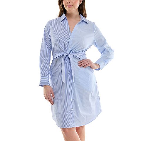 Женские платья Nicole Miller Long Sleeve Tie Front Poplin Shirtdress