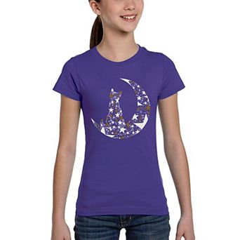 Cat Sitting On Moon - Girl's Word Art T-Shirt